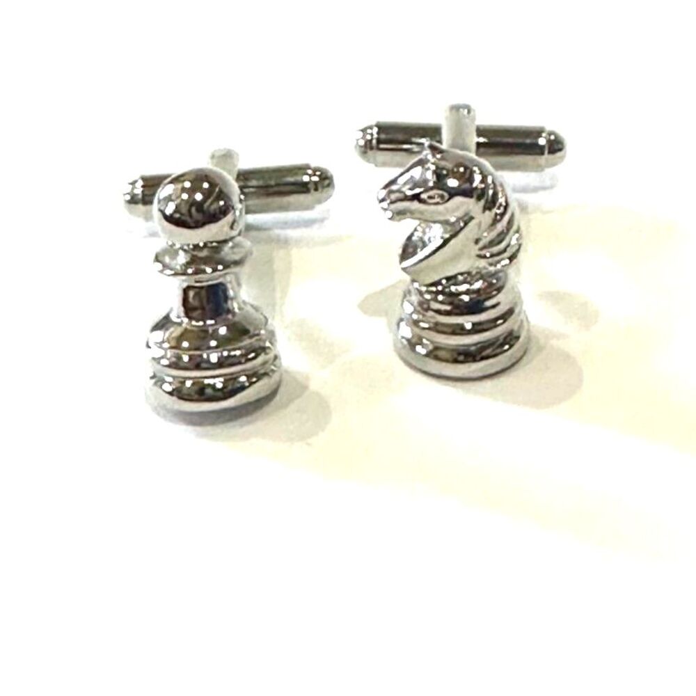 Chess Piece Cufflinks — Pawn & Knight — Polished Silver